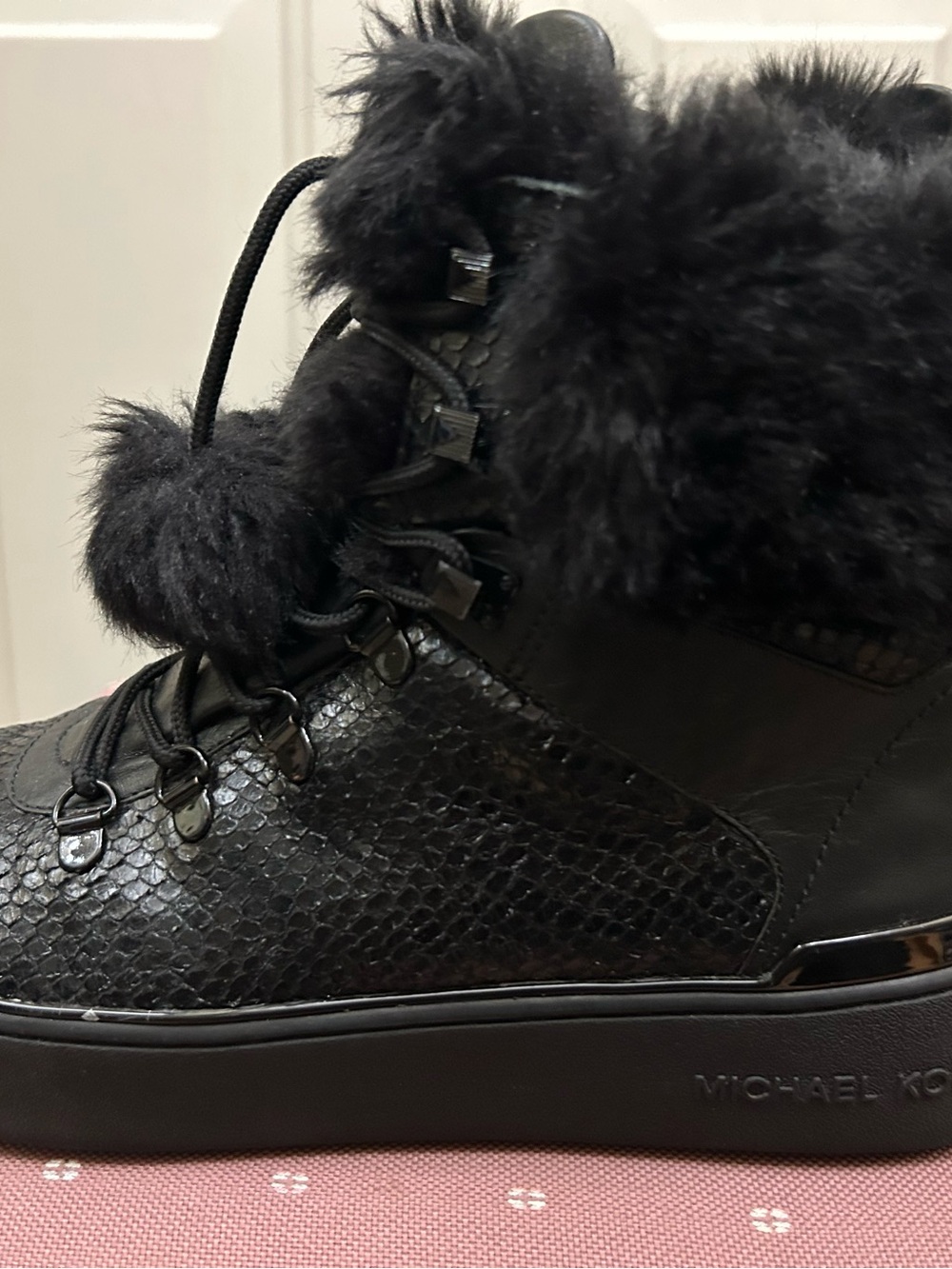 Michael Kors Black Faux Fur-Trim Lace-Up Winter Boot